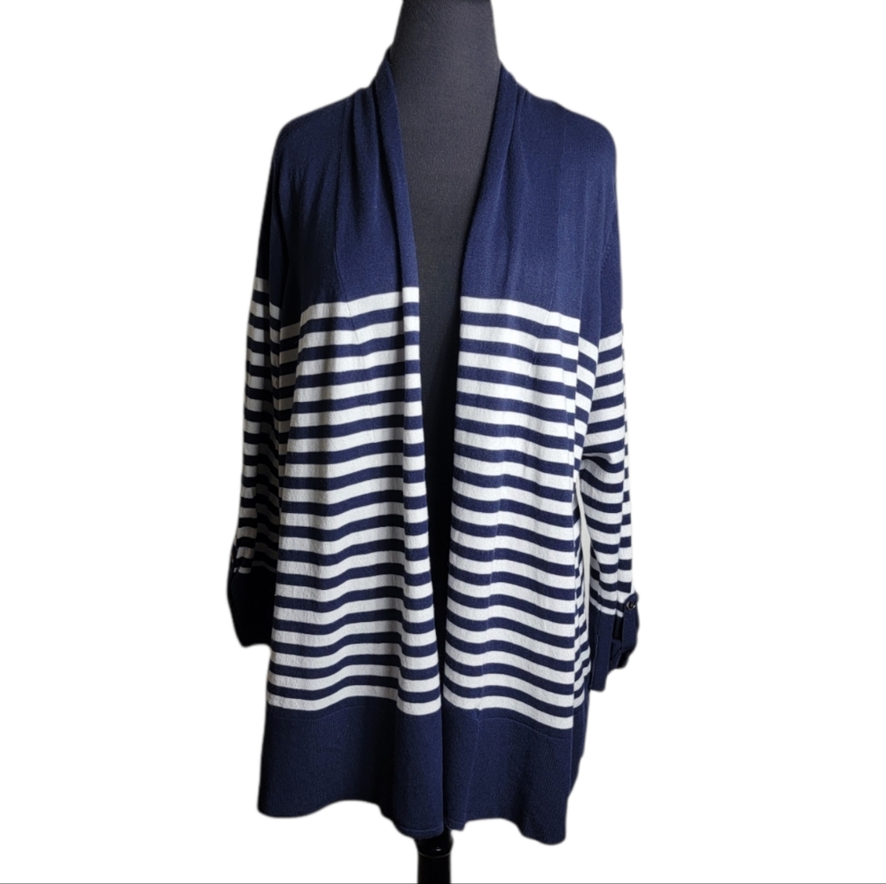 Charter Club women's plus size 2X Navy blue white striped open front cardigan